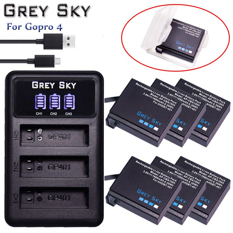 4 Uds. Batería AHDBT-401 de 1680mAh para Gopro Hero 4 batería AHDBT401 go pro 4 + cargador USB LED de 3 puertos para cámara GoPro Hero4 HERO4: Charger and 6battery