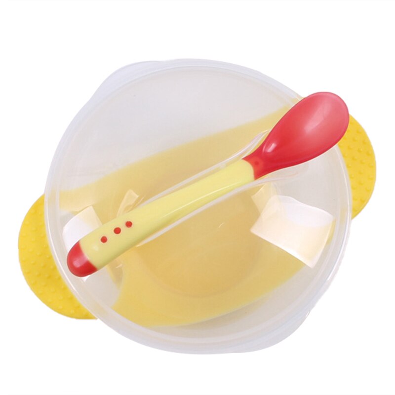Baby Bowl Training Bowl With Temperature-sensitive Spoon Set Learning Dishes With Suction Cup Children Training Feeding Platos: Yellow Bowl