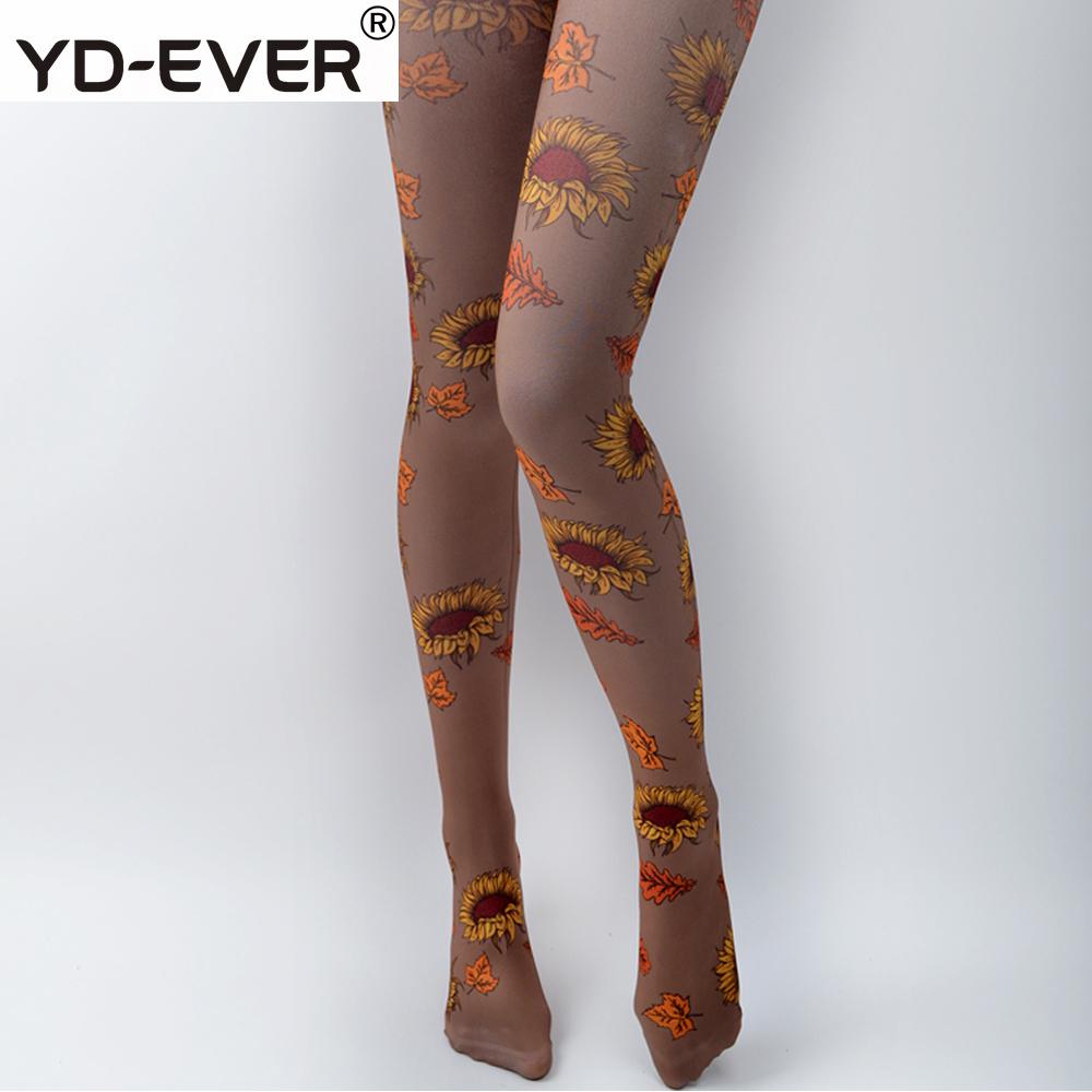 YD-EVER medias de mujer girasol patrón medias de impresión femenino primavera y otoño sección delgada Pantyhose