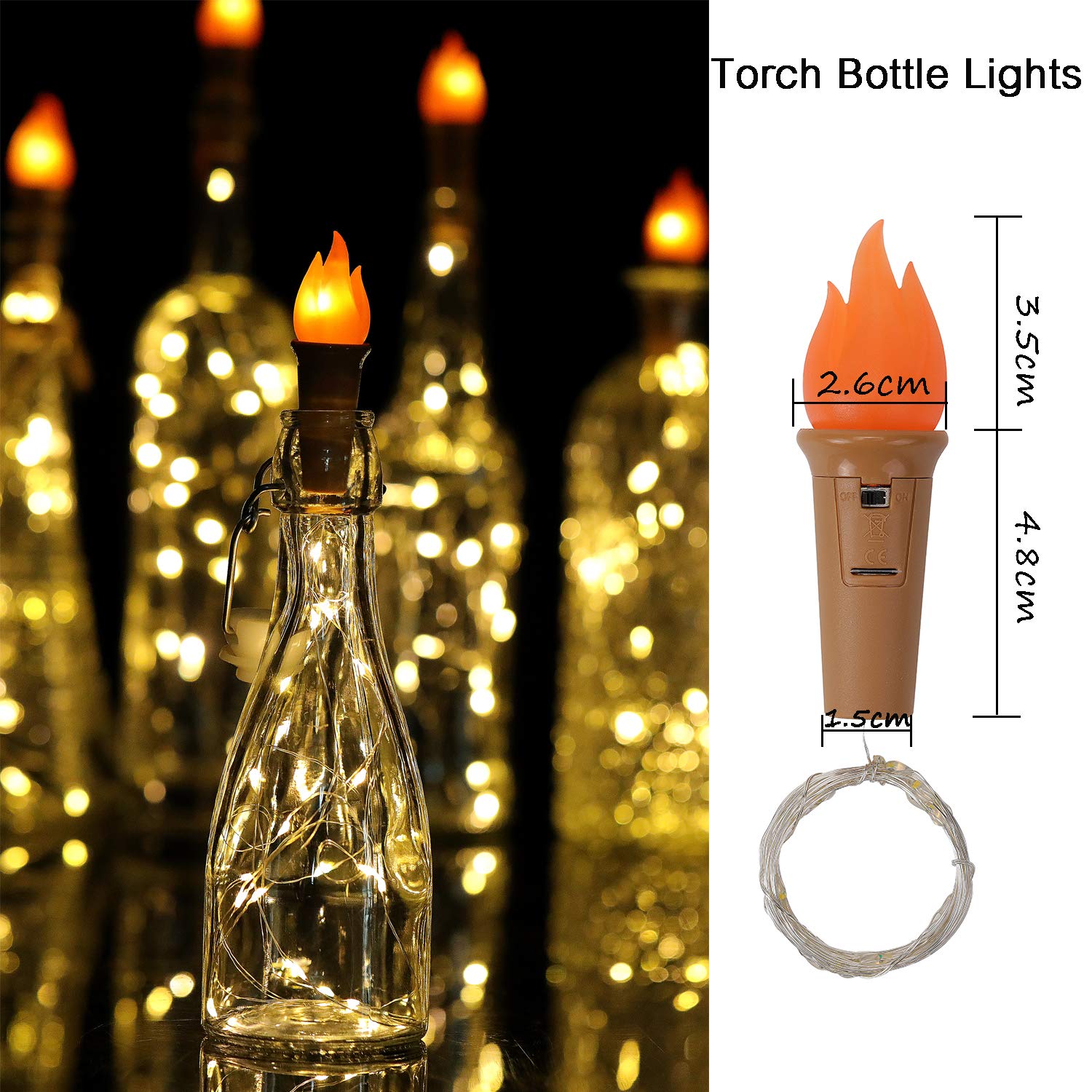 Luces de botella con forma de antorcha y corcho, 20 luces led para botella de vino, cadena de luces con batería, alambre de cobre, luces de hadas estrelladas, decoración para fiestas navideñas.