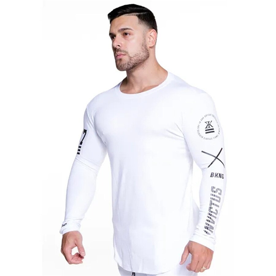 Heren skinny shirts met lange mouwen lente casual bedrukt t-shirt heren sportscholen fitness zwarte t-shirt tops merkkleding: C2 / M