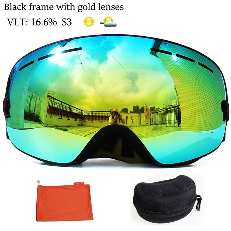 Benice double Layers UV anti-fog lens Men ski goggles big spherical skiing snowboarding snow glasses Eyewear 3100 Set case: Black Gold