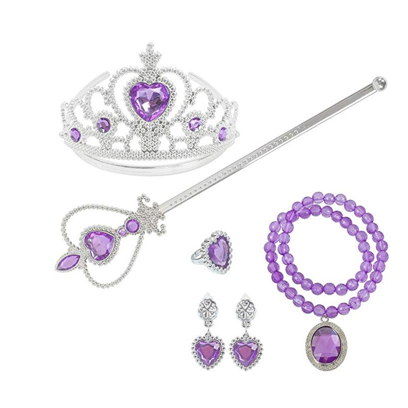 7 Stks/partij Prinses Elza Jurk Up Accessoires Kostuum Speelgoed Voor Meisjes Crown Ketting Ring Oorbel Handschoenen Kids Sieraden Set