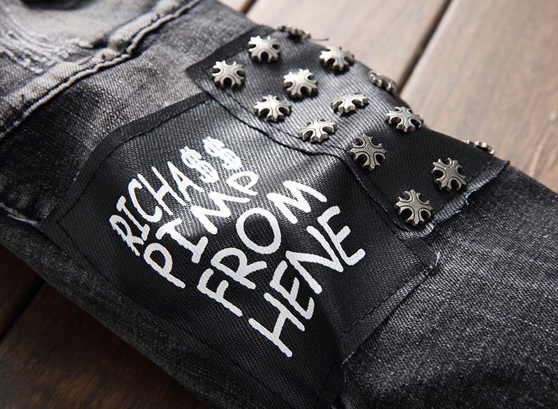 KIOVNO Jeans Bukser til Mænd - Flossede, Plisserede, Nitter, Patchwork, Denim, Punk Stil
