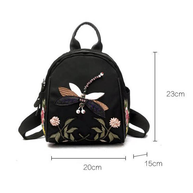 Flower Embroidery Backpack Women Small Mini Shoulder Bag Dragonfly Backpack Female Casual Retro Travel Bags Girls