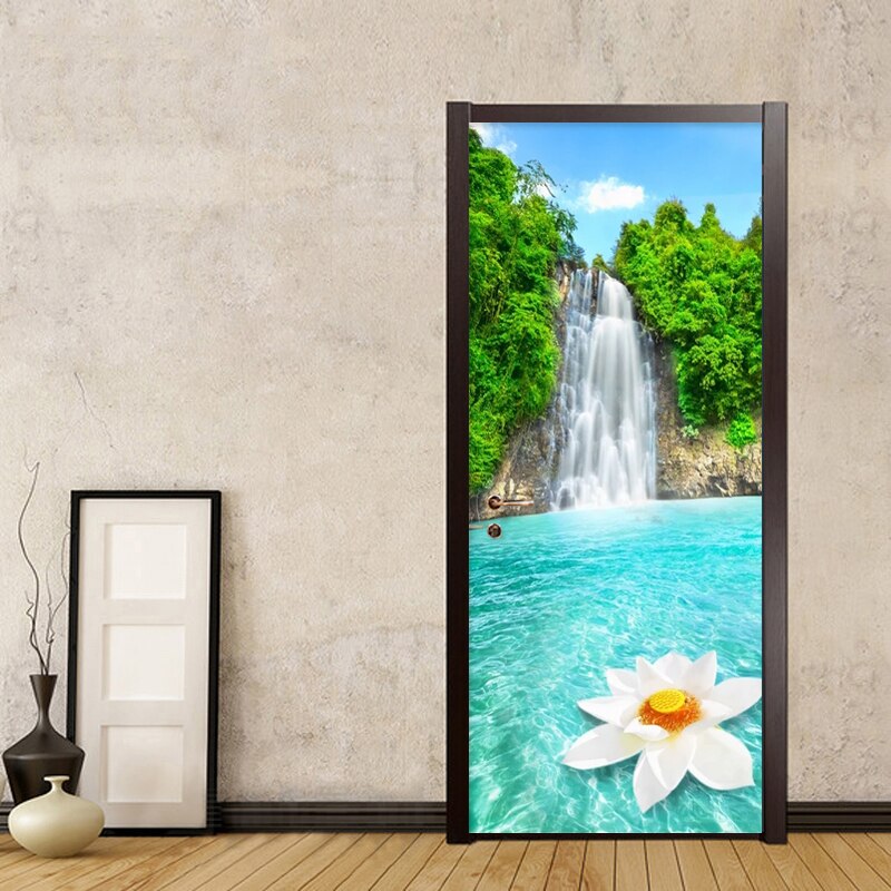 Waterfalls Landscape Door Sticker Living Room Kitchen Waterproof Wallpaper PVC Self-Adhesive 3D Wall Mural Home Decor Door Decal