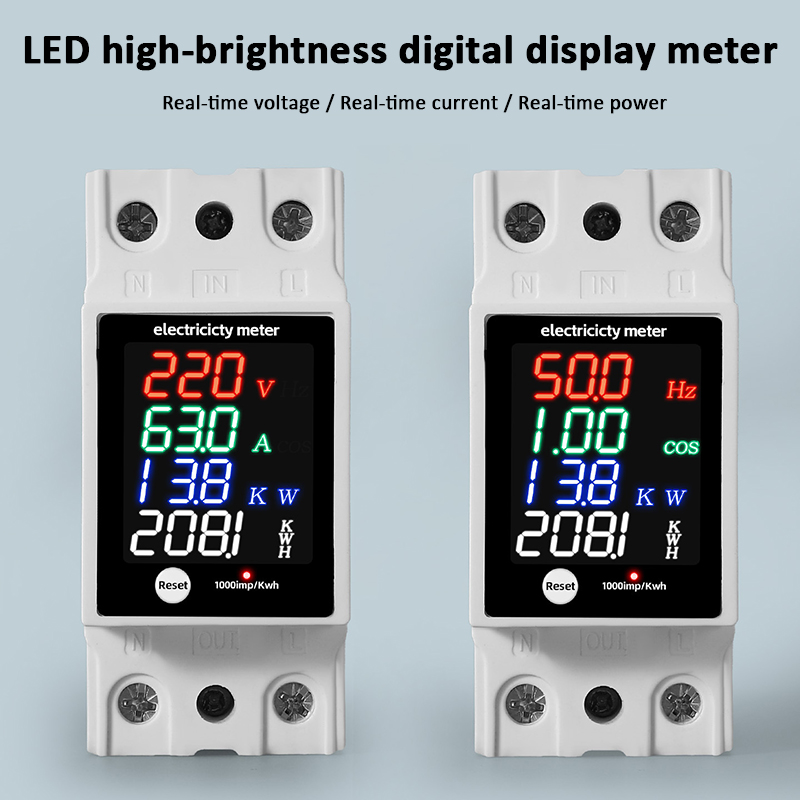 Digital Energy Meter Din Rail Electricity Usage Monitor AC30-400V Voltmeter Ammeter Watt Kwh Frequency Power Meter