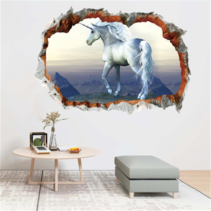 3D White Unicorn Wall Stickers For Kids Rooms Living Room Vinly Wall Decals Baby Bedroom Decorative Stickers Muursticker