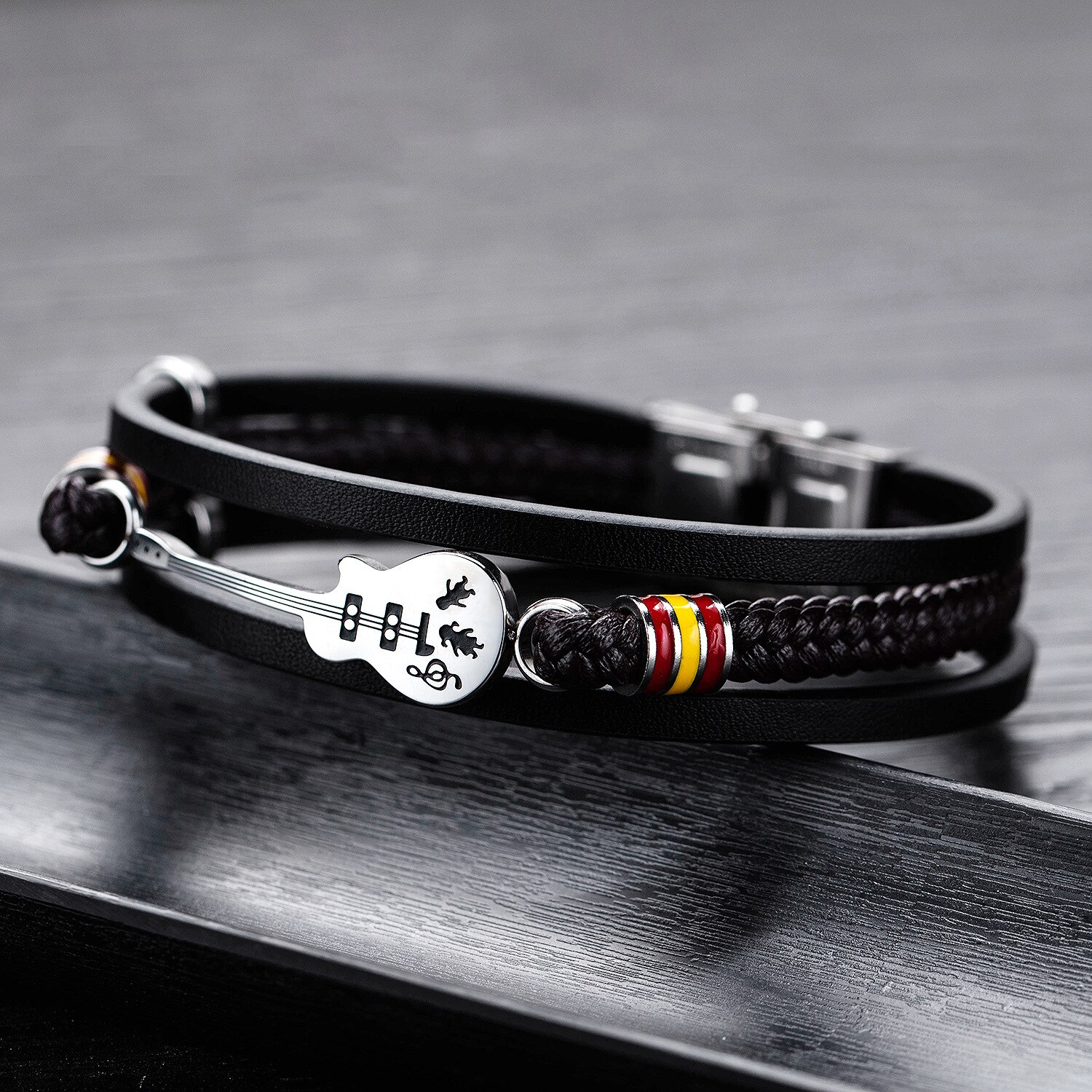 Punk Men Stainless steel Guitar Leather Bracelet Bracelets Multilayer Braided Leather Bracelet Jewelry