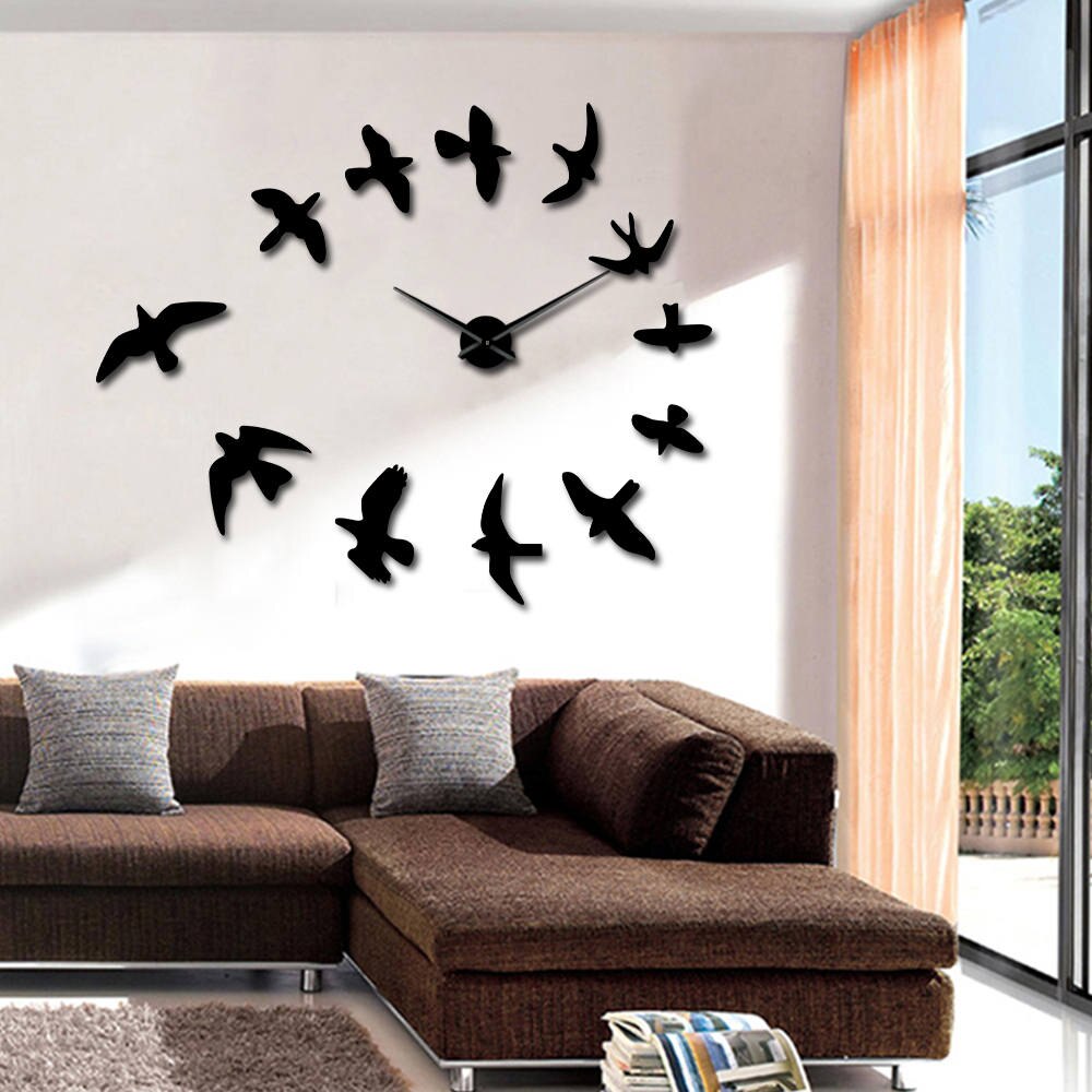 Diy Decoratieve Spiegel Grote Wandklok Modern Vliegende Vogels Frameloze Klok Luxe Muur Art Decor Muur Horloge Klok