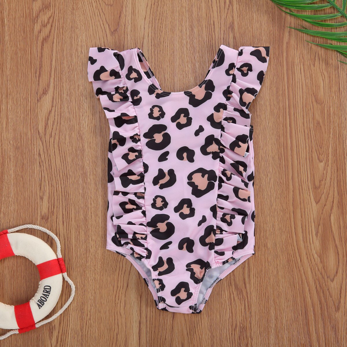 Baby Baby Meisjes Leuke Luipaard Print Roze Een Stuk Badpak Kinderen Mouwloze Ruffle Romper Badmode Badpak Beachwear