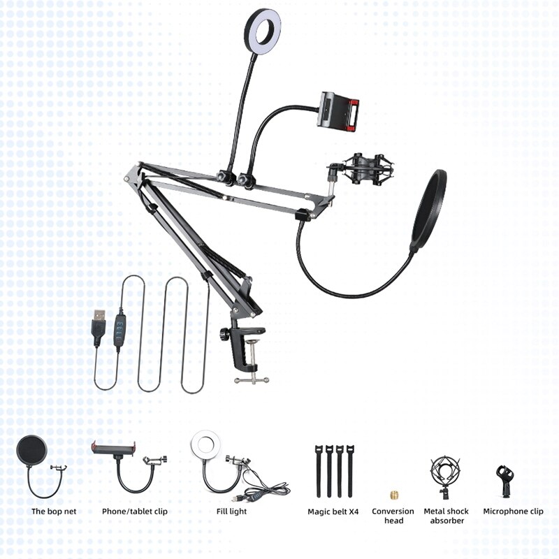 NB-35S Microphone Stand Kit with LED Ring Light Scissor Arm Stands for Computer Laptop PC Karaoke Studio Recording