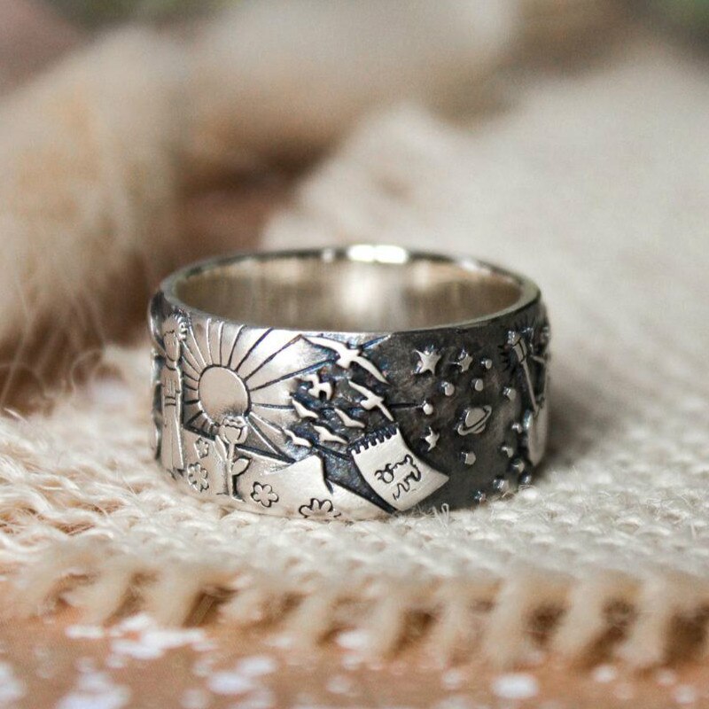 Retro Jewelry Boy Engraving Pattern 925 Sterling Silver Finger Rings Ladies Vintage Tail Ring Thai Silver Fine Jewelry