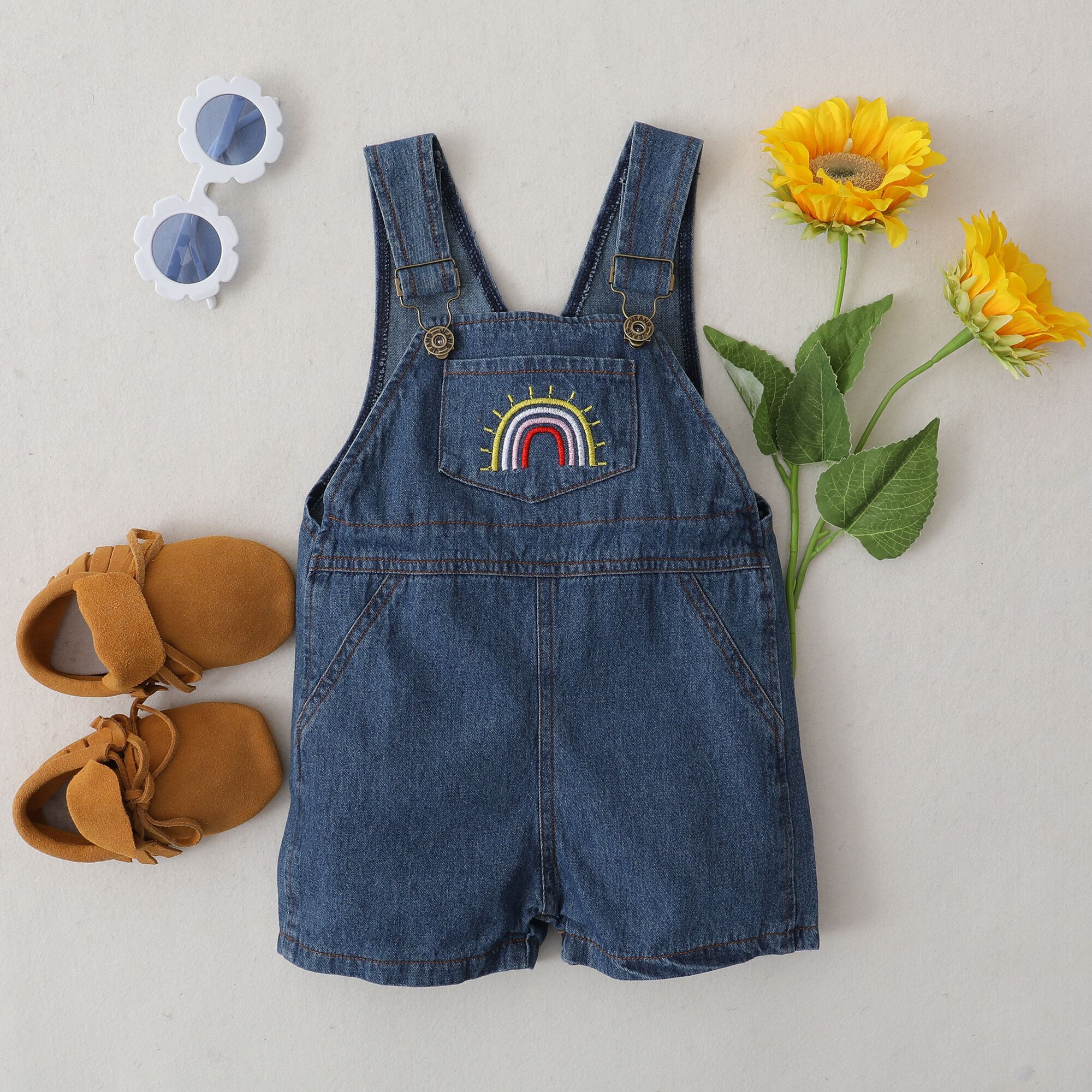 Citgeett estate primavera bambini neonate ragazzi bretelle pantaloni Denim pantaloni bottoni arcobaleno ricamo pagliaccetto vestiti