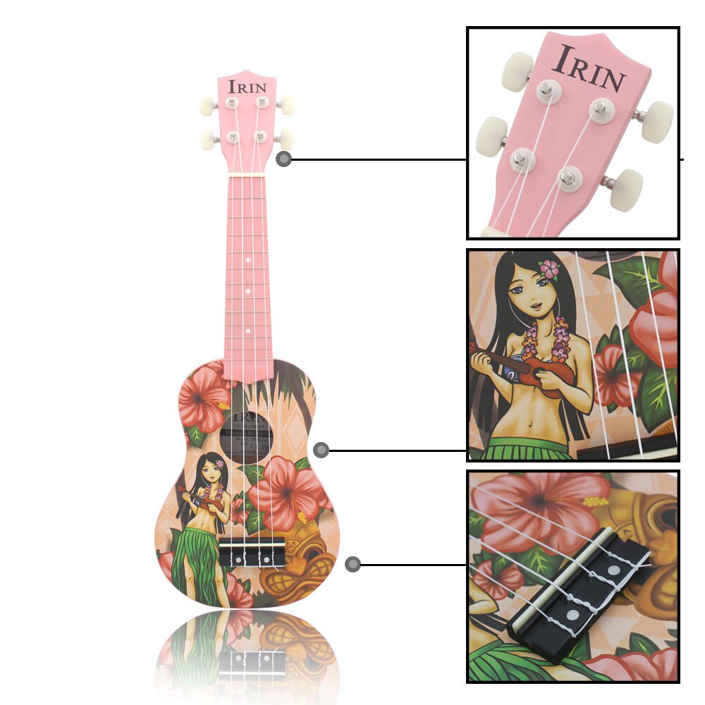 Irin 21 inch akoestische sopraan ukelele ukelele uke lindehout materiaal met prachtige hawaiiaanse stijl patronen roze ukelele