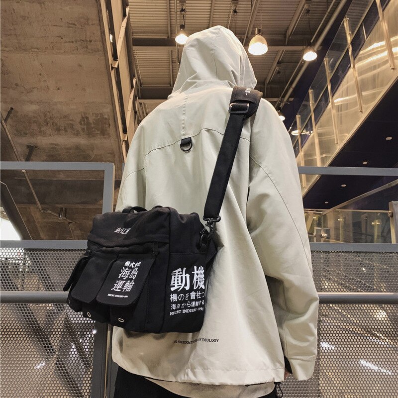 Techwear Canvas Brief Print Hip Hop Schoudertassen Japan Stijl Meerdere Zakken Messenger Pakket Reizen Casual Mannen Tas Handtas: Black Bag