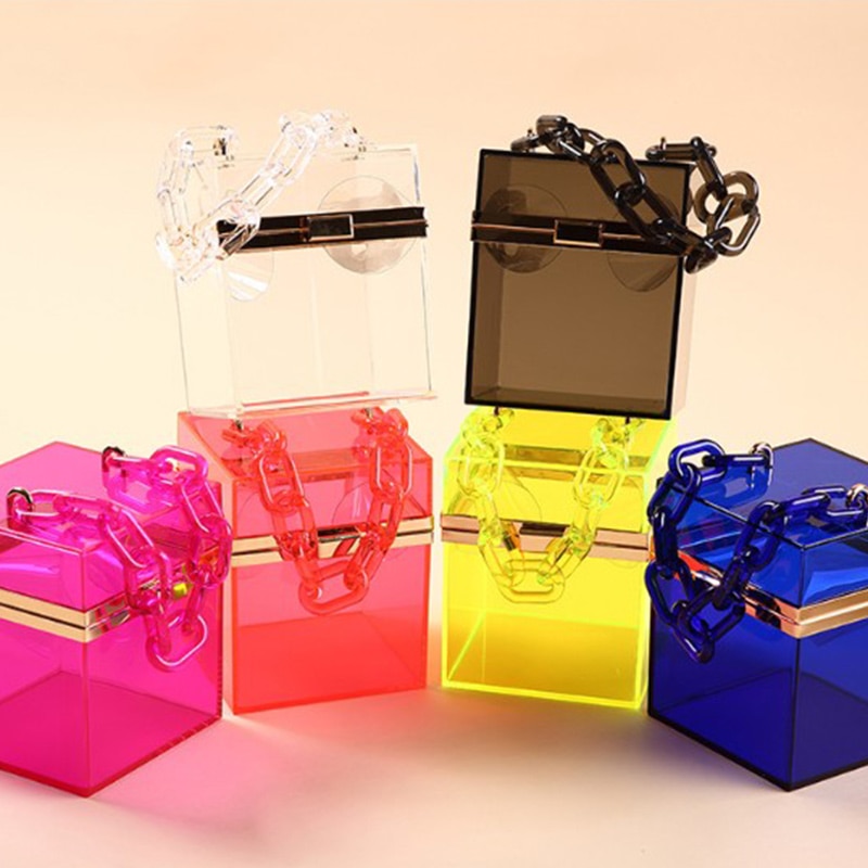 Women Transparent Box Chain Handbag Tote Ladies Solid Hasp Party Candy Color Jelly Shoulder Bag Purse