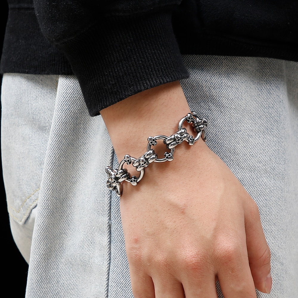 Gotische Schedel Armbanden Voor Mannen Rvs Punk Rock 3D Skelet Ketting Heren Armbanden Voor Mannen Biker Sieraden