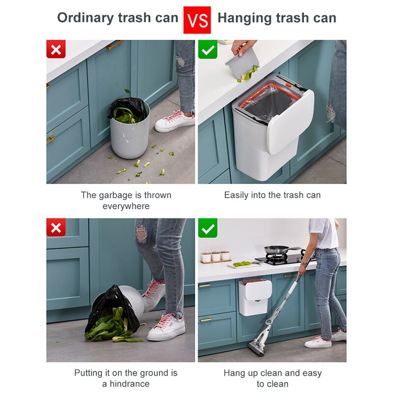 7/9L Kitchen Trash Can Wall Mounted Garbage Bin Recycling Garbage Basket Waste Bin Cabinet Door Hanging With Lid For Bathroom