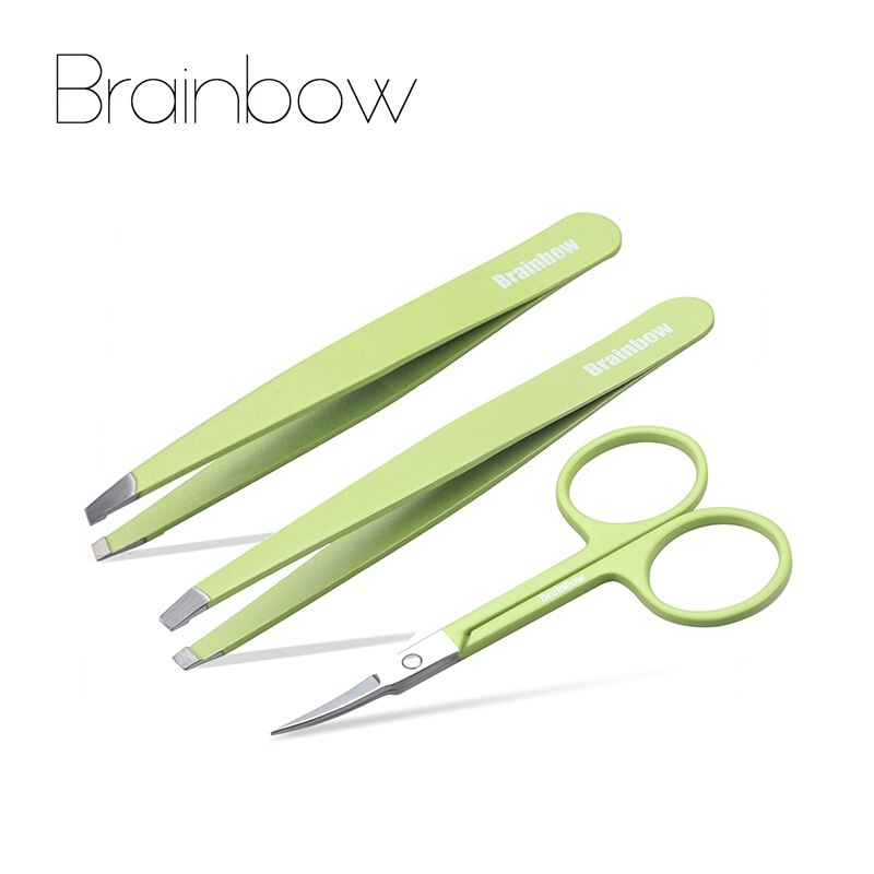 Brainbow 3Pc Professionele Make-Up Tool Set Kit Rvs Slant Platte Wenkbrauw Pincet Eye Ontharing Gebogen Make-Up Schaar: Default Title