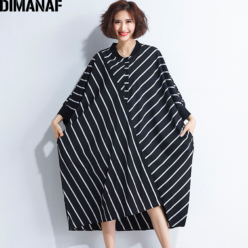 Dimanaf kvinder sommerkjole plus size femme dame vestido løs stort stort tøjprint stribet sort afslappet kjole med flagermusærmer