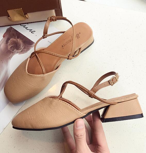 summer thick med-high heel close square toe sandals women retro hollow cross band buckle slingback gladiator sandalias: Brown / 6.5