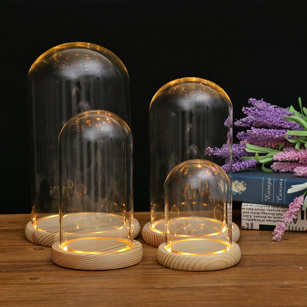 Glass Display Dome + LED Wooden Base, Decorative Clear Glass Cloche Bell Jars Display Dome for Decor