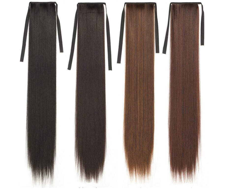 Extensión de cabello para mujer, postizo largo bonito con cordón recto, cola de caballo sintética, negro/marrón, resistente al calor