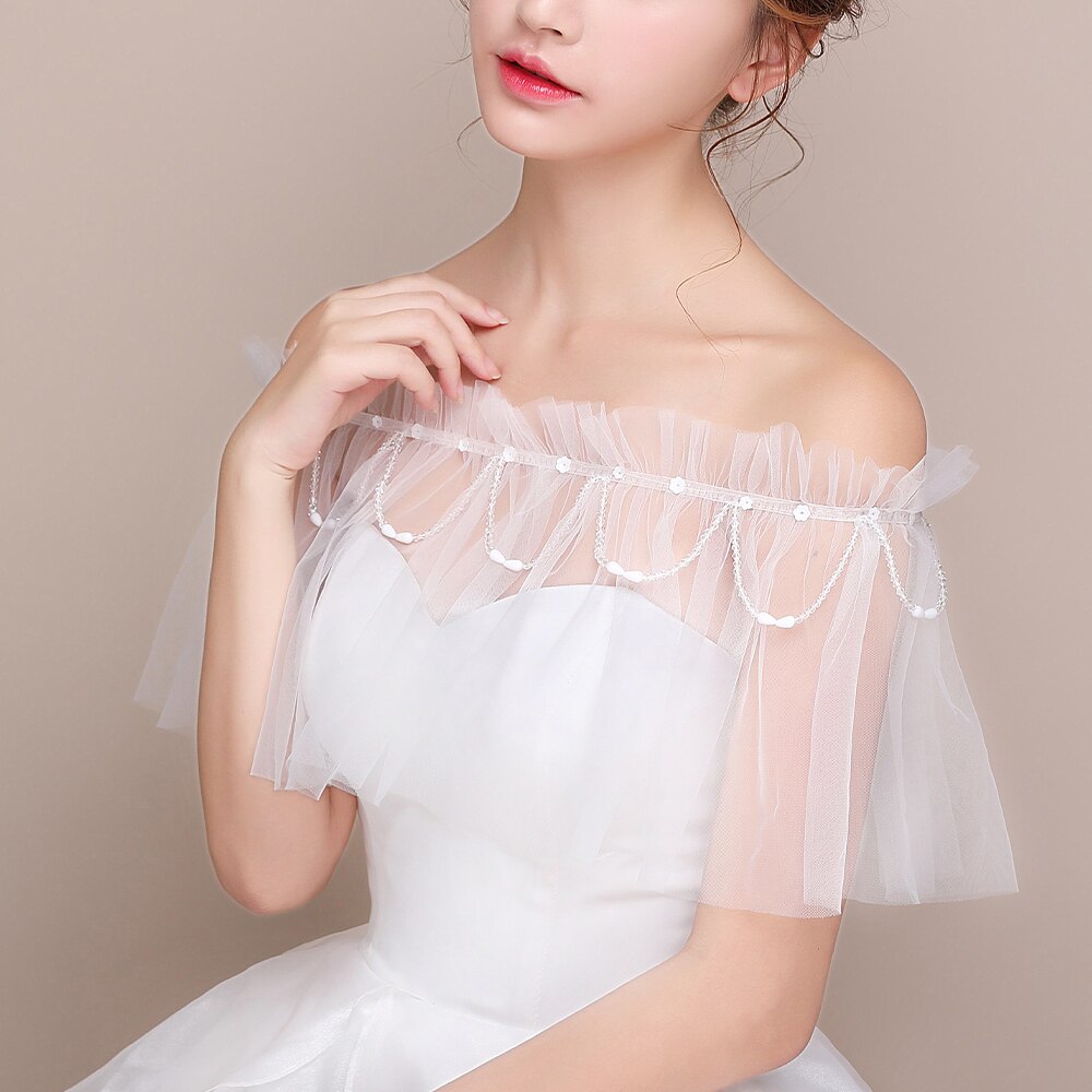 Scialle da sposa con scollo a barchetta in avorio da donna elegante scialle con volant in rilievo con nastro e nappa Sexy Tulle trasparente con stola sulla spalla