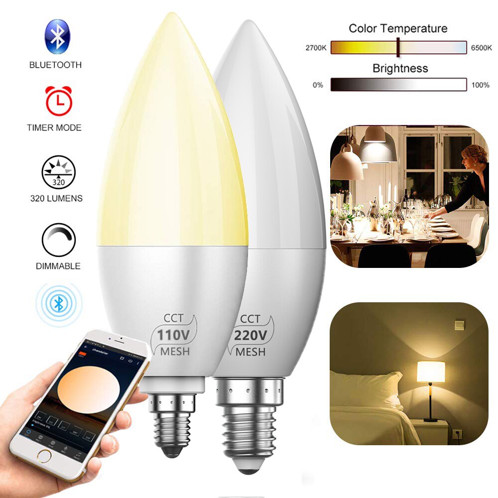 1-10- pack  e12 e14 bluetooth smart led kroonluchter kaarslamp 3w 110v 220v 2835 smd thuiskamer energiebesparende kaarslampen  d40