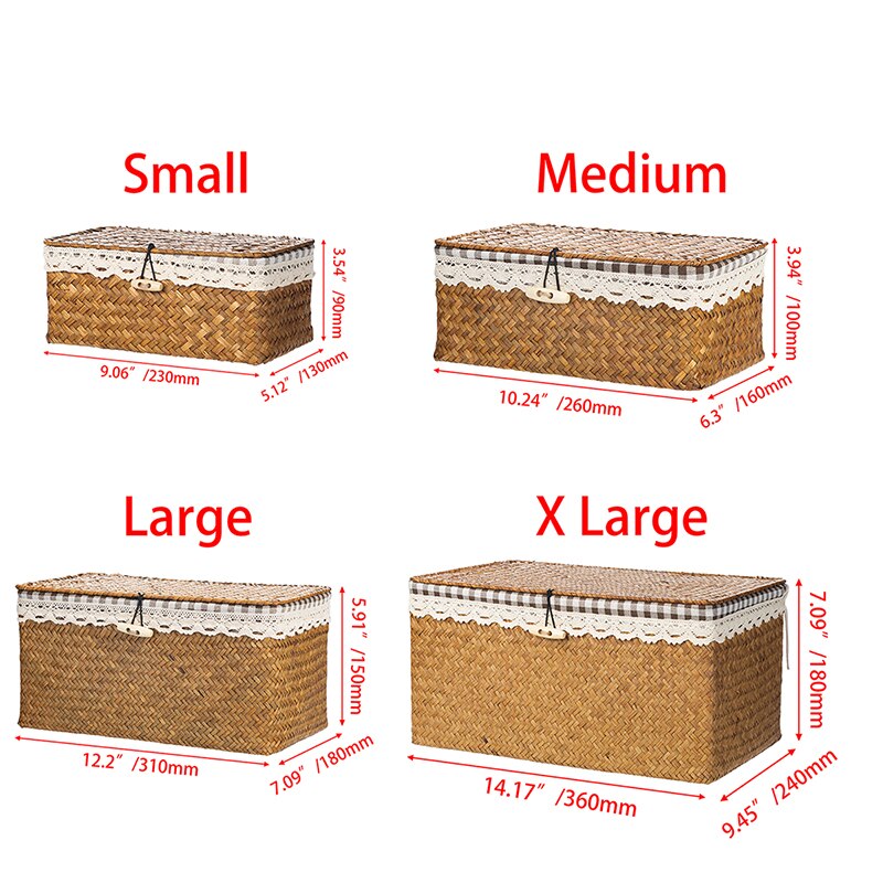 Rieten Opslag Mand Met Deksel Rotan Doos Rechthoekige Zeegras Opslag Bin Desktop Diversen Sorteren Sieraden Make-Up Organizer