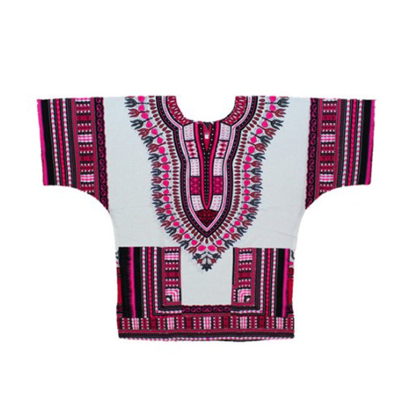 100% Katoen Afrikaanse Traditionele Print Korte Mouw Dashiki Kleding voor Mannen: white pink