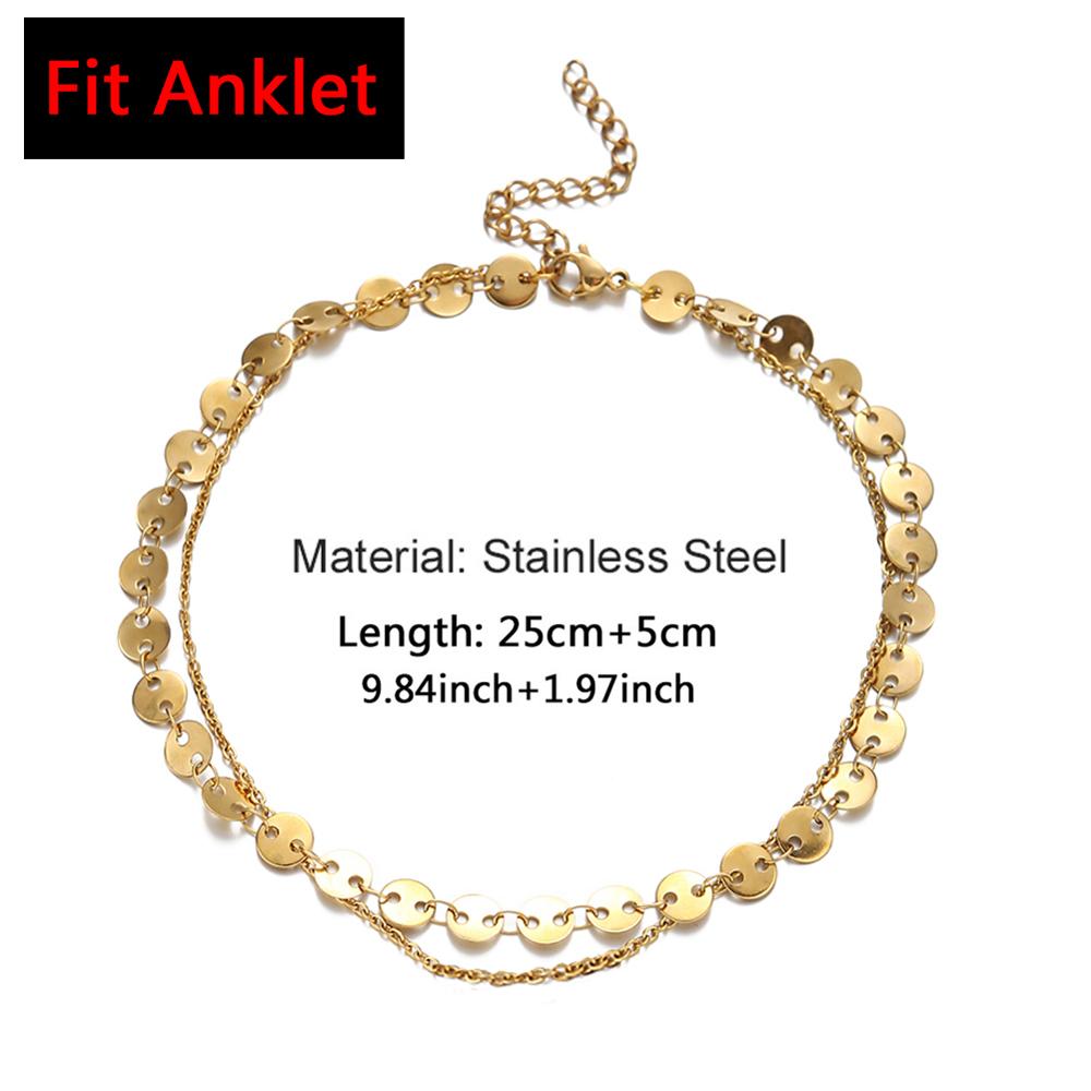 Bracelet de cheville, chaîne à paillettes, en acier inoxydable, deux niveaux, pour le pied, Yoga, pour la plage, breloque, bijoux: 30CM-Gold