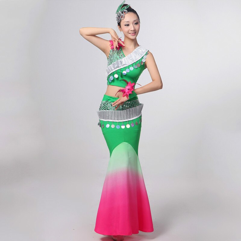 Ropa de baile Dai Pavo Real disfraz chino danza folclórica ropa de baile nacional Ethinc lentejuelas elásticas disfraz de cola de pez