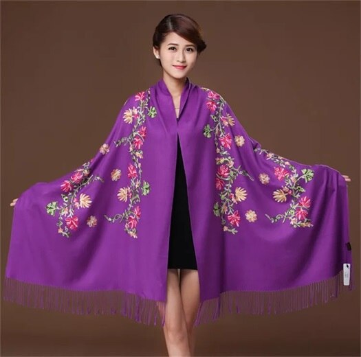 Borduren Bloemen Sjaal Vrouwen Kasjmier Katoen Viscose Sjaals Soild Plain Borduur Sjaals Moslim Kwasten Hijaabs GP02: Paars