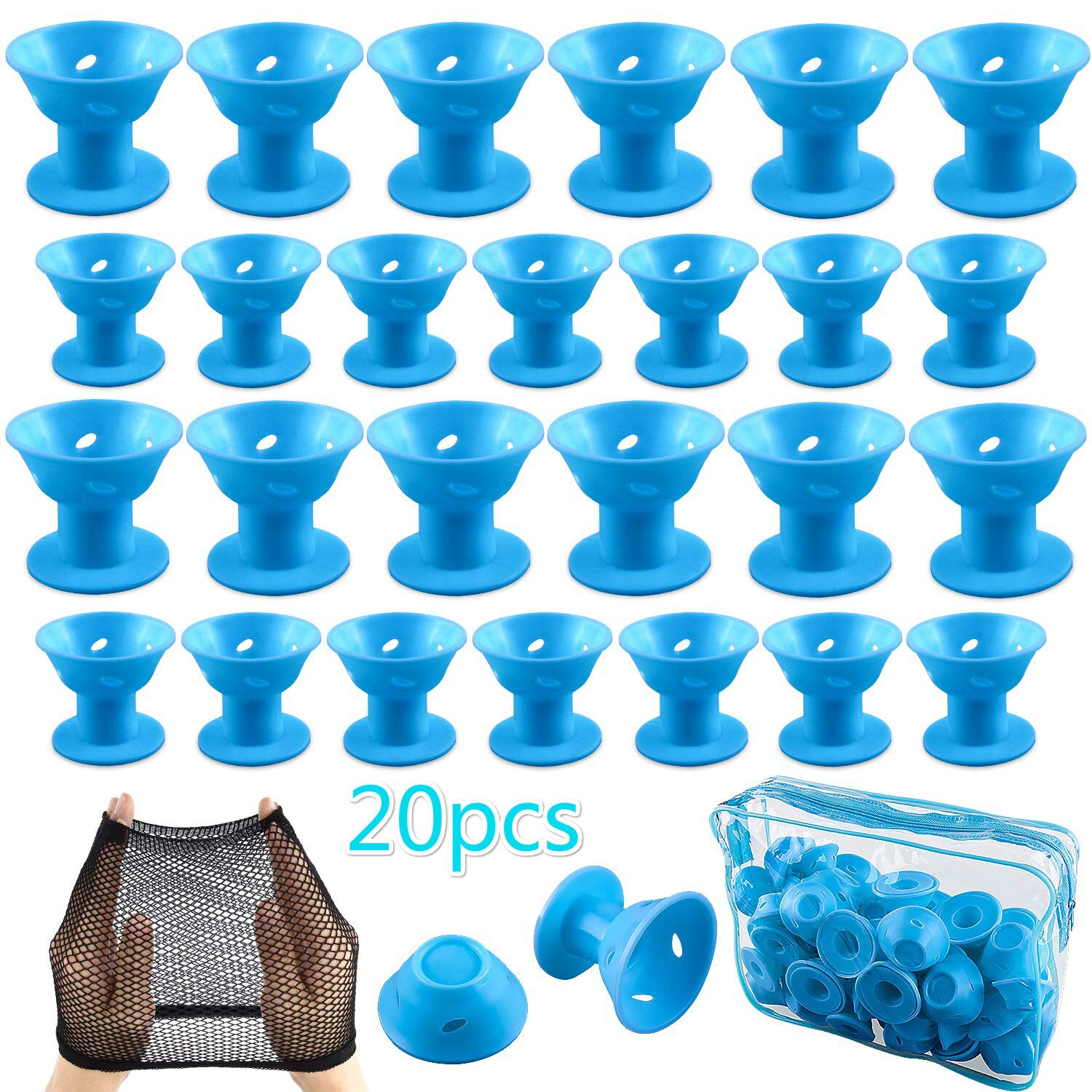 60 Stck Haar Rollen Silikon Blau Rosa Haar Lockenwickler einstellen Weiche Gummi Magie Haar Curler Modeler Heatless Haircurlers: Blau 10 groß 10 klein