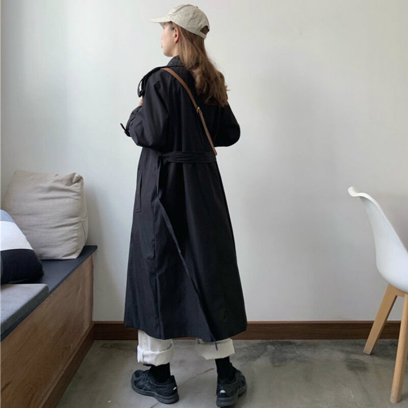 Trench kvinners høst solid dobbeltspent lang stil belte koreansk versjon løs leisre daglig streetwear kvinnelig klassisk kåpe