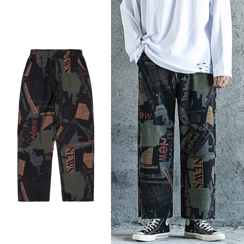 Mænd jeans retro mønster strik casual brede ben bukser herre trend løse lige jeans efterårsbukser
