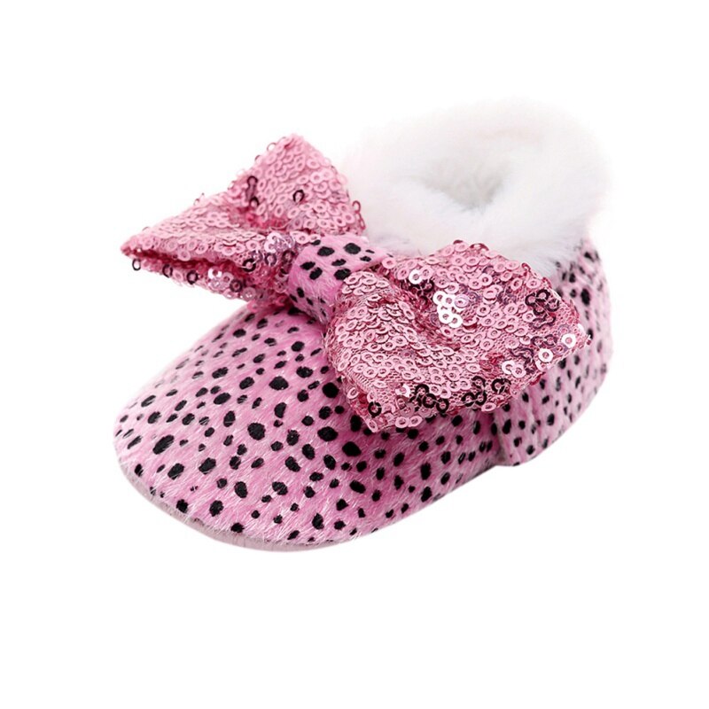 Bonitos zapatos de invierno para niñas de 0 a 24 meses con de leopardo y lazo, zapatos suaves y bonitos para niñas, botas de nieve infantil, zapatos para niños pequeños