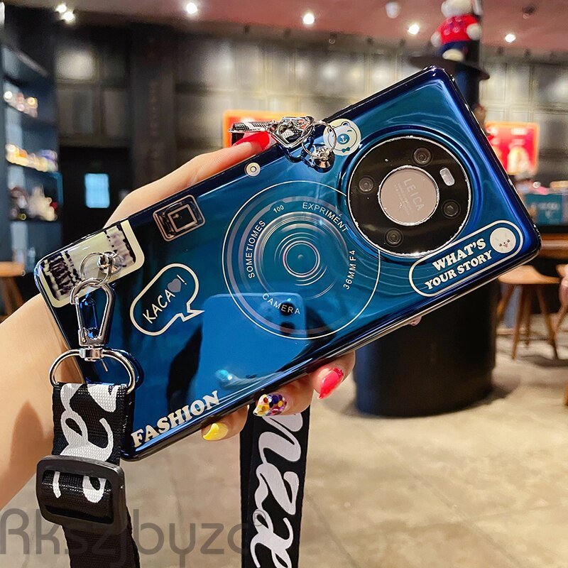 Capa para câmera 3d para huawei p30, p30 pro p30 lite nova4 honor 10i v20 y6 y7 2019 suporte de ray com cordão: for honor V20 / Azul