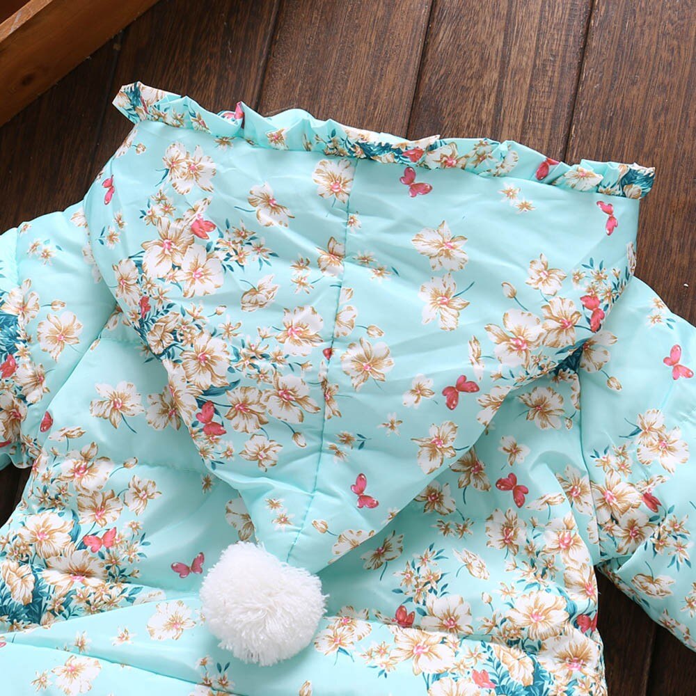 Baby Girl Boy Plus Fur Warm Jacket Toddler Floral Print Winter Warm Jacket Hooded Windproof Coat Baby's Thickened Cotton Padded