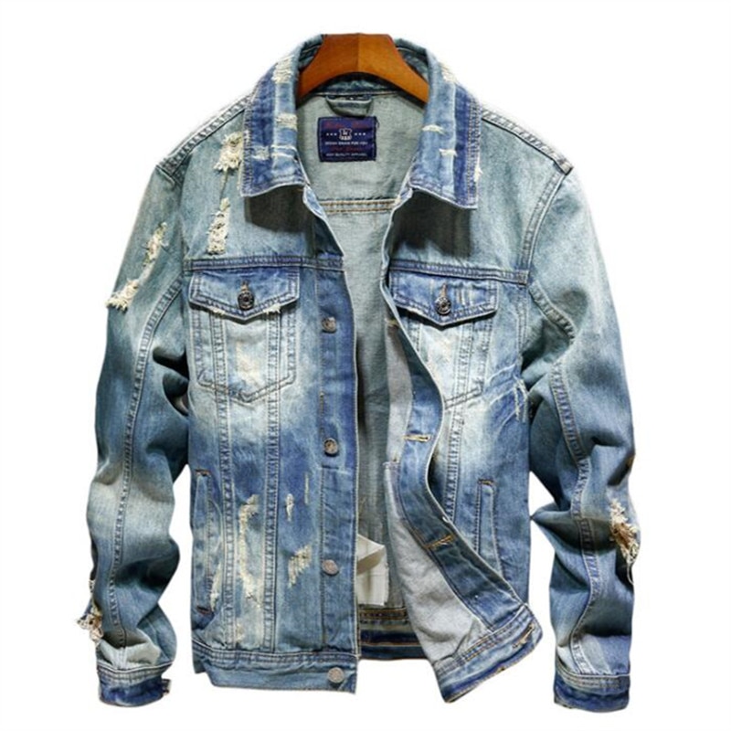 Men's Ripped Jean Jacket Hip Hop Streetwear Coats Chaqueta Hombre 3XL Denim Jackets Men Cowboy Slim Fit Bomber Jacket