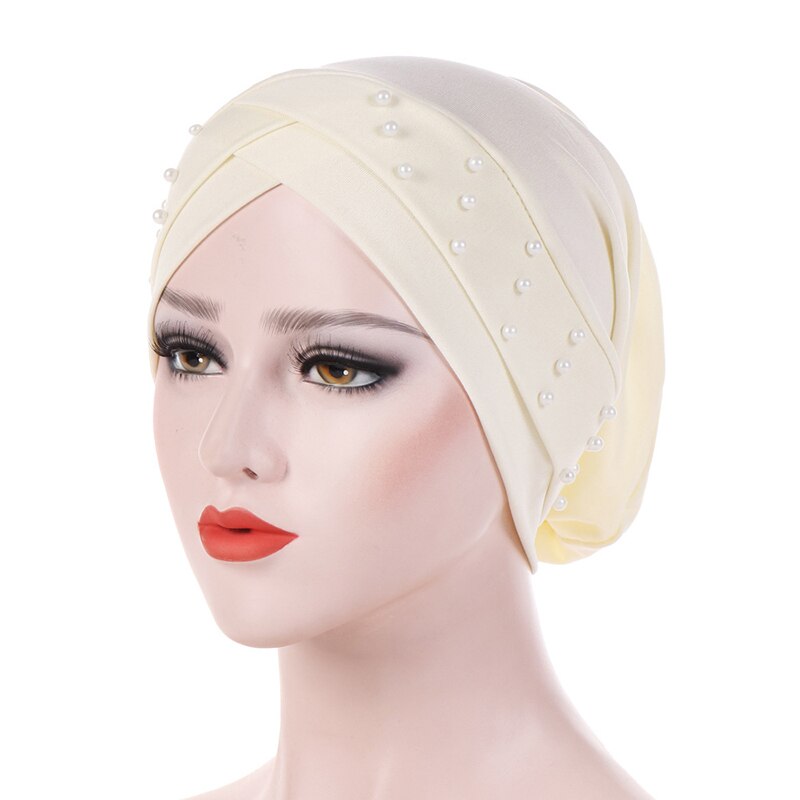 cotton solid folds pearl muslim turban scarf women islamic inner caps Arab wrap head femme musulman turbante mujer: Beige