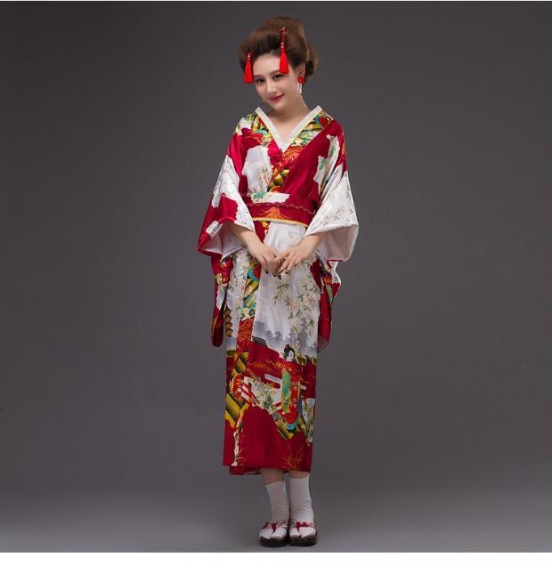 Mujer señora tradición japonesa Yukata traje de kimono japonés Cosplay traje Floral: Dark Red