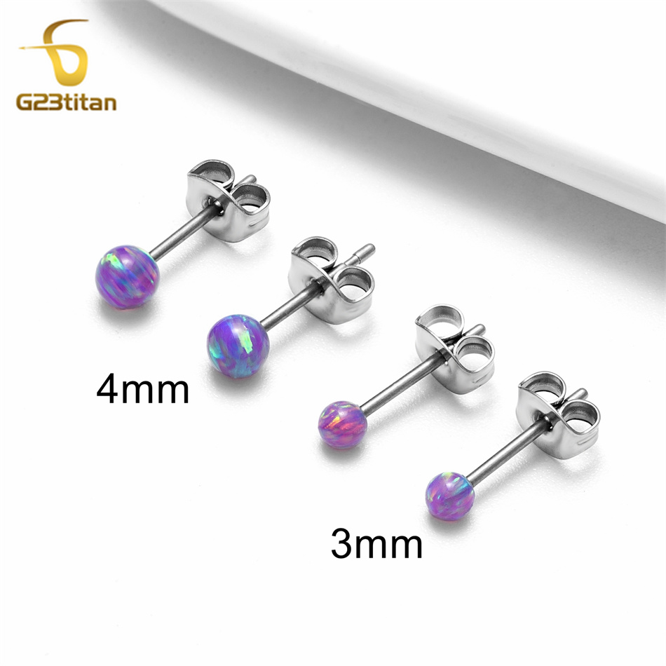 1 par de pendientes de ópalo de fuego, joyería hipoalergénica de titanio para Piercing en la oreja, pendientes simples de piedra de bola pequeña, accesorios para hombres y mujeres: Blanco / Rodio plateado