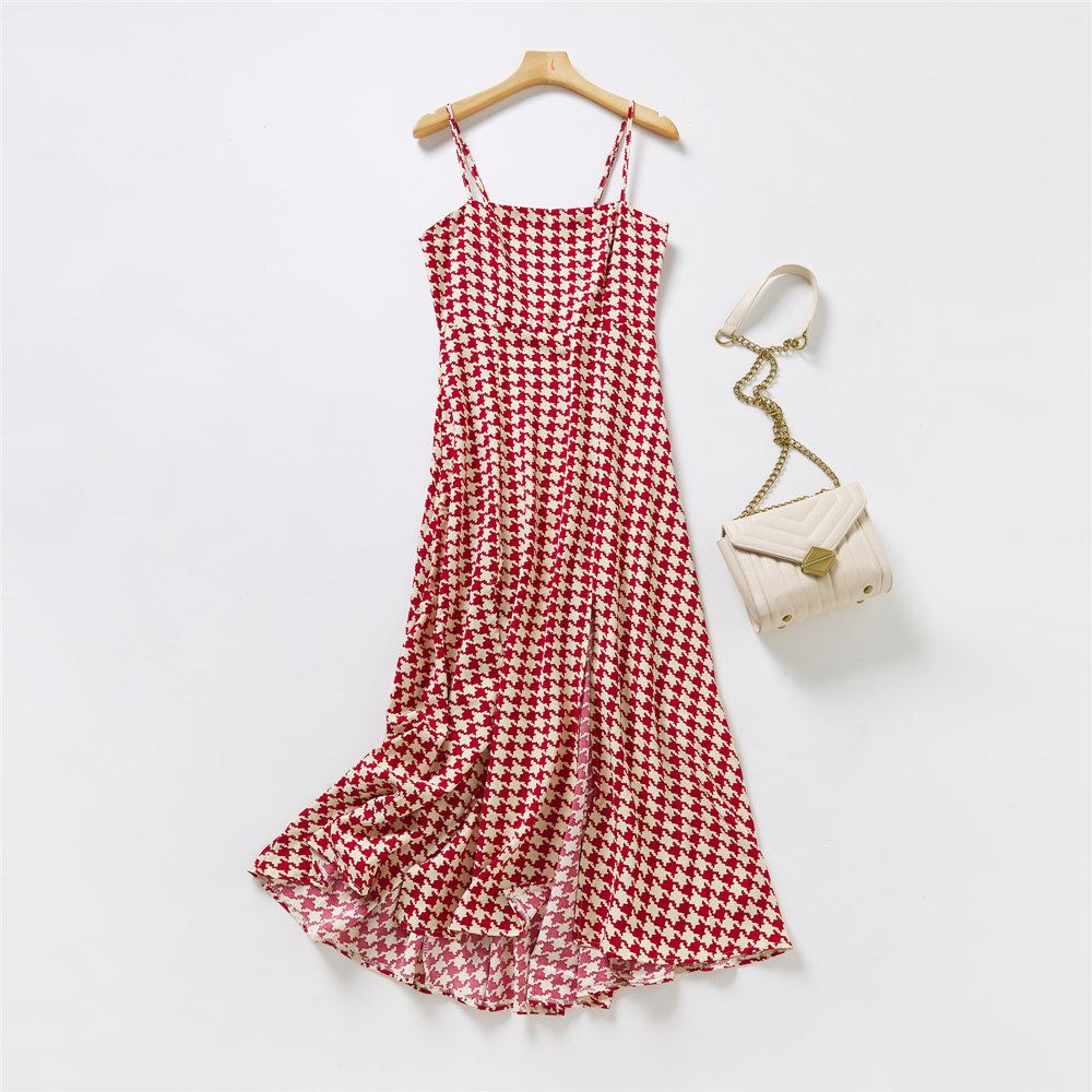 Marwin Summer Spaghetti Strap Long Women Houndtooth Printing High Street Hoilday Style Women Dresses