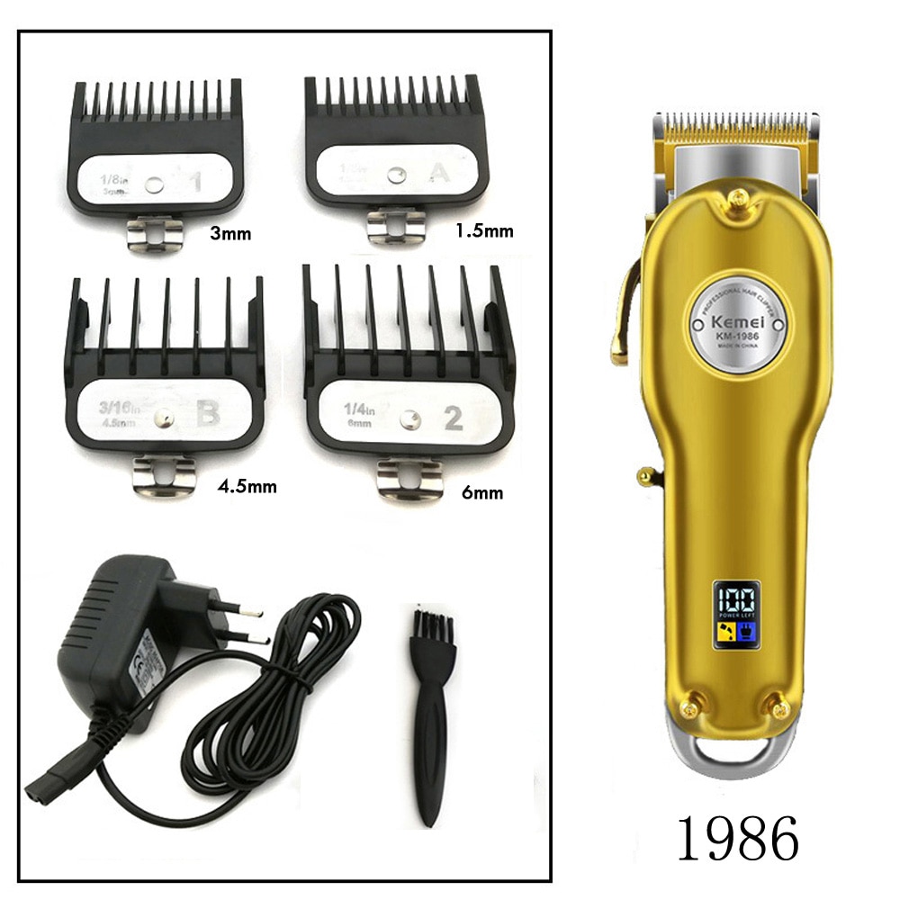 Kemei km -1986 + pg frisør hårklipper fræser elektrisk trådløs hårtrimmer hårklipper helt metal: Guld uden kasse 1986