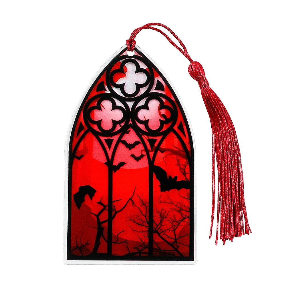 Marcapáginas acrílico de estilo gótico, patrón de ventana de Color sangre, marcapáginas decorativos con borlas, adorno colgante para libro de lectura