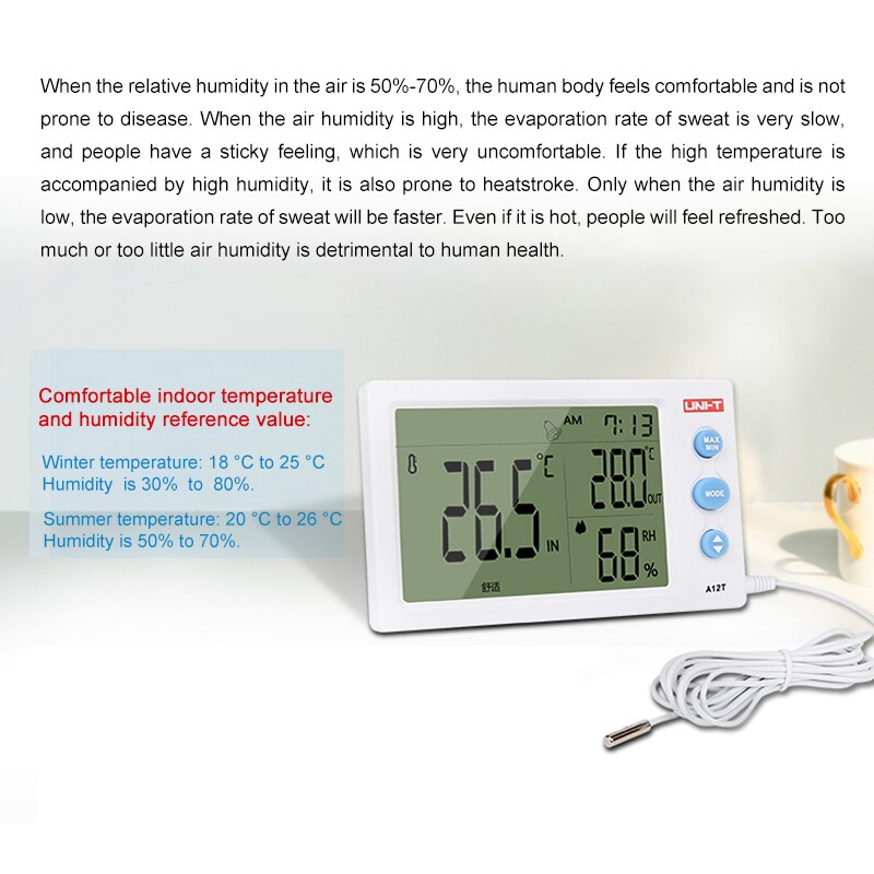 A12T Digital Temperature Humidity Measuring Instrument External Sensor Probe Alarm Clock and 12/24 Time Mode Large Screen