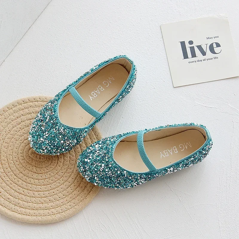 2025 Lente 1 tot 12 jaar oude meisjes kleden Schoenen Schoonheid Puntschoen Tienermeisje Leren Schoenen Bling Prinses Trouwschoenen: Blauw / 28